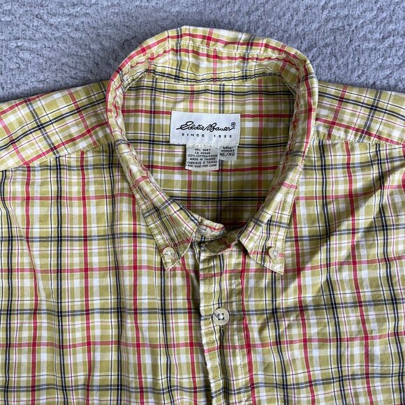 Eddie Bauer Shirt Mens Large Green Red Plaid Short Sleeve Button Pockets Vintage - Picture 5 of 11